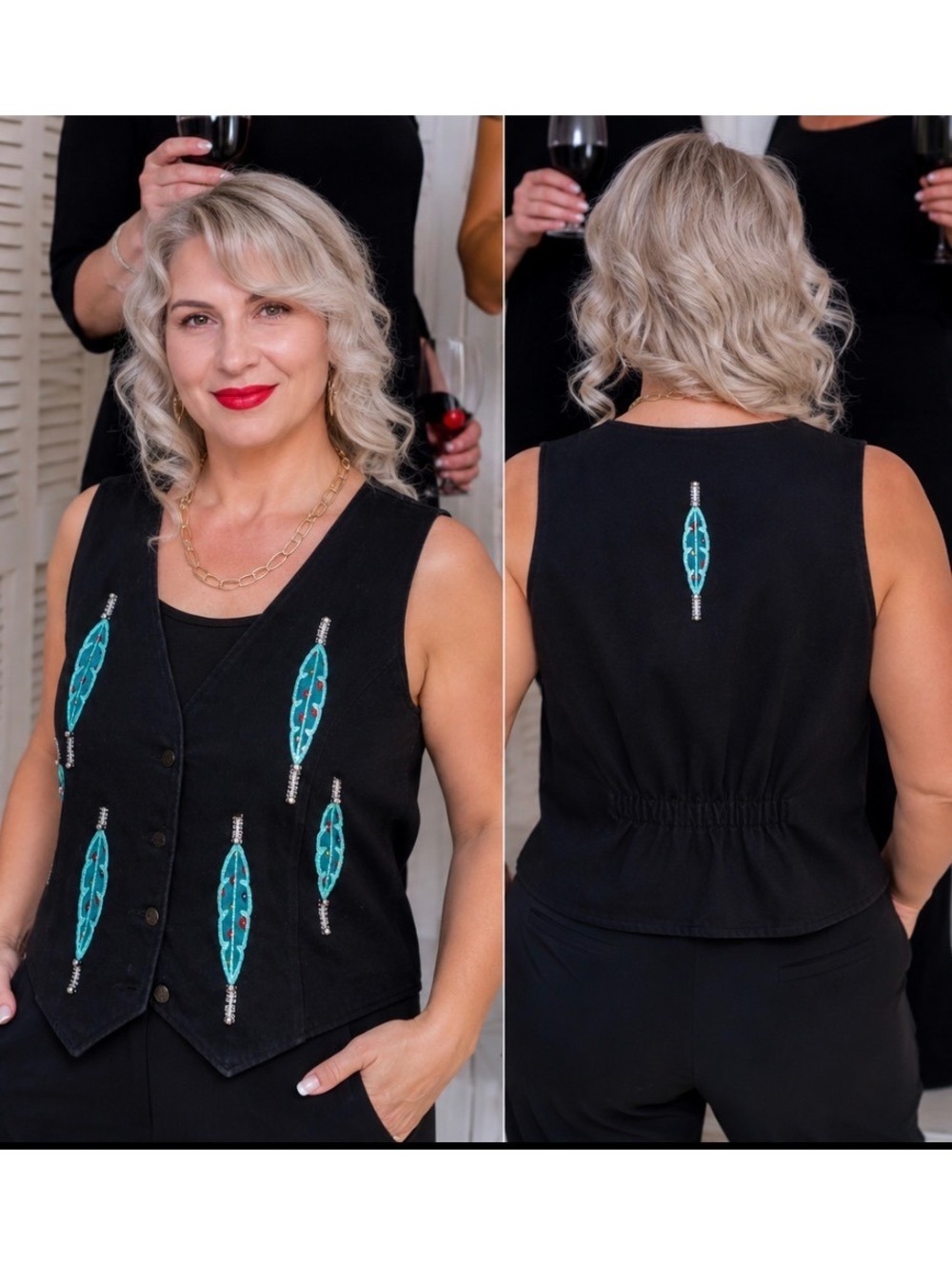 Unique by Dot Women’s Black Embellished Western Vest Turquoise Beaded Size L